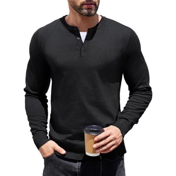 COOFANDY Men's Knit Henley Shirts Dress Long Sleeve Sweater